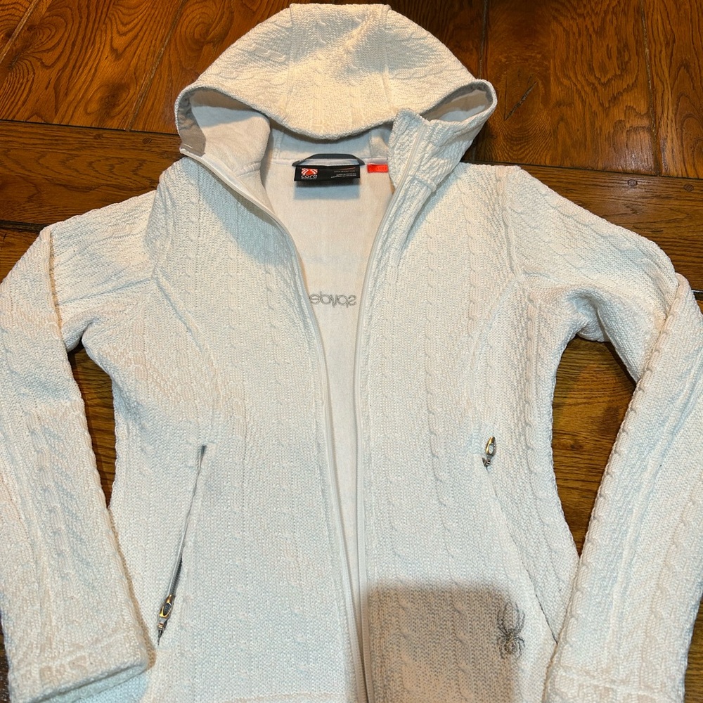 Spyder Women's Ivory Hooded Cable Knit Zip Jacket